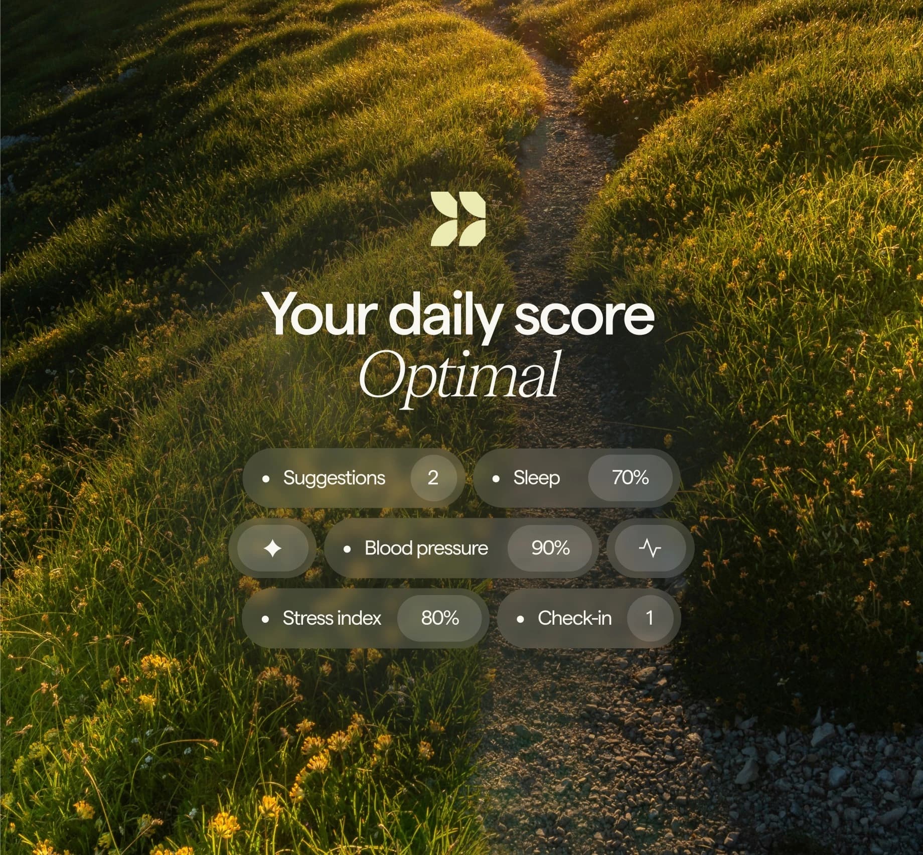 Health app interface over a background of a sunlit grassy trail with text "Your daily score Optimal".